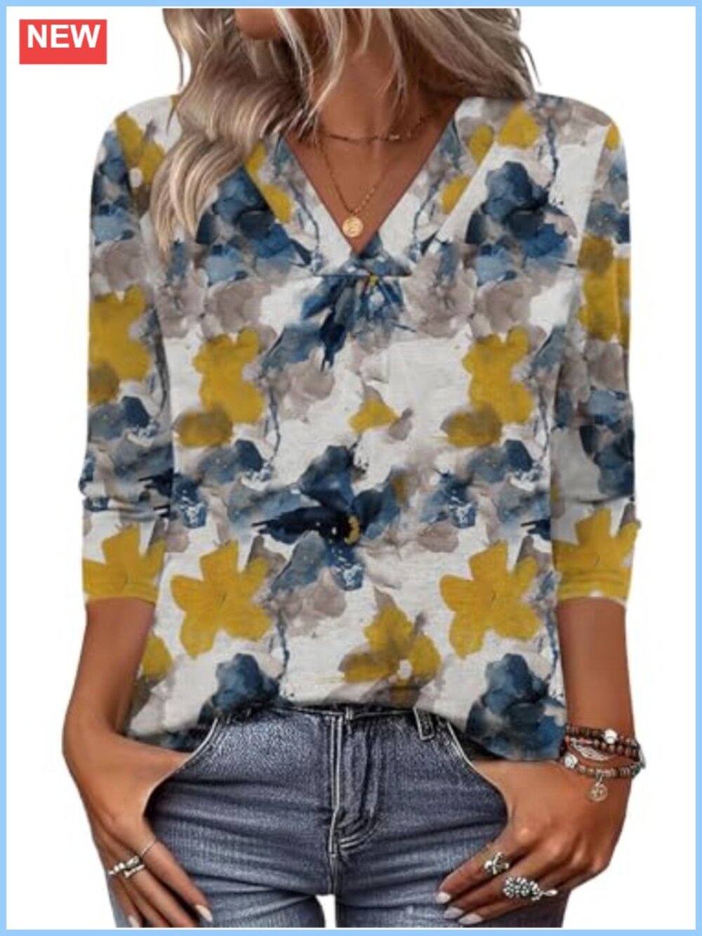 Womens 3/4 Sleeve V Neck Loose Fit Flowy Tunic Top Boho Summer Tee